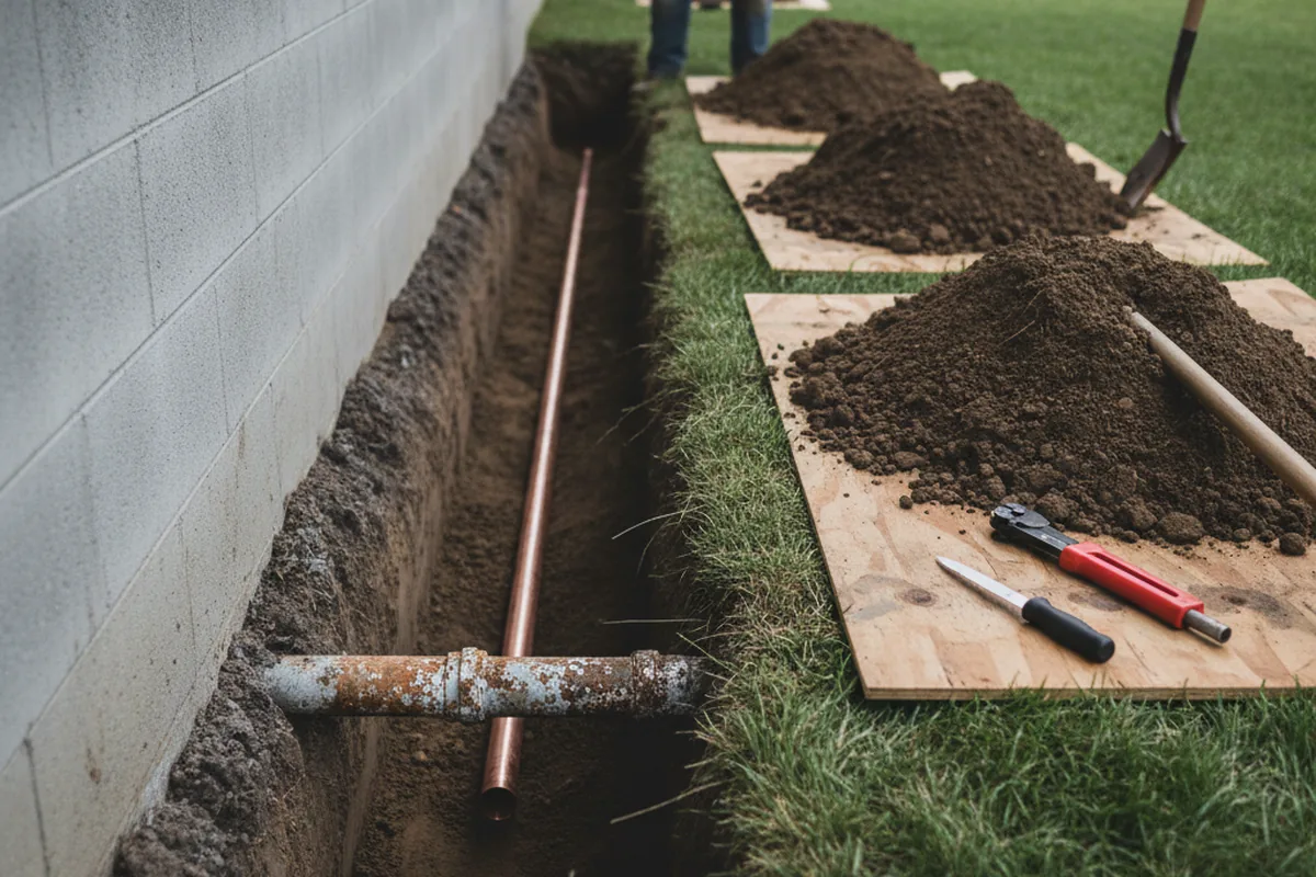 Excavated water line trench during Sewer Line Repair in Pillow